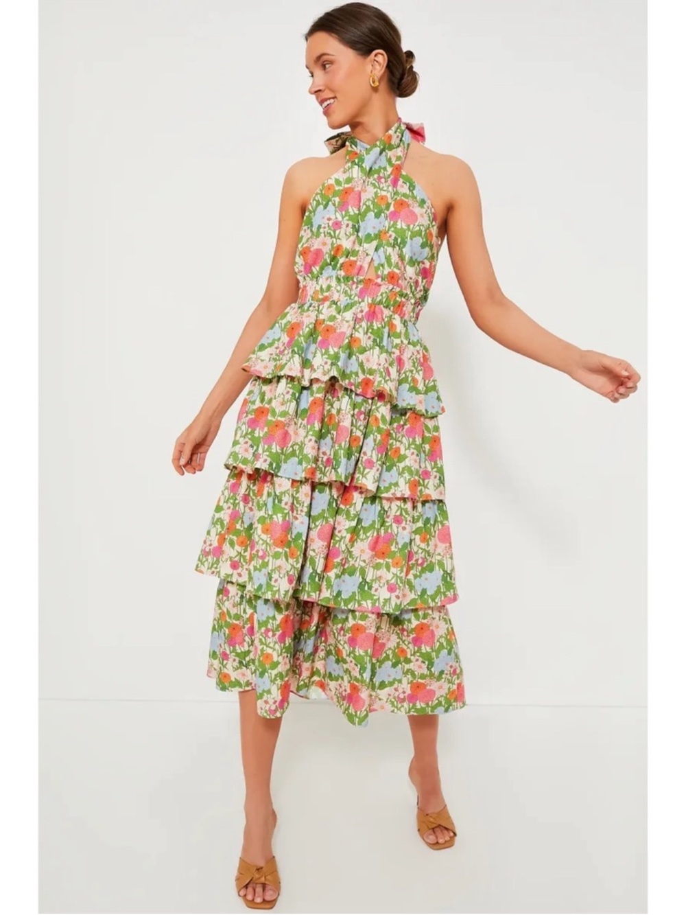 Floral Tiered Halter Maxi Dress in Pink & Green